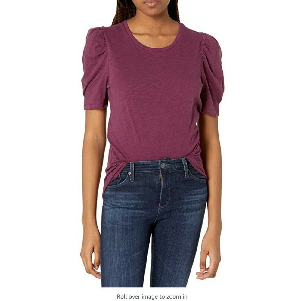 New CABLE STITCH  Purple Puff Sleeve Semi Sheer Cotton Slub Top Small NWT /352